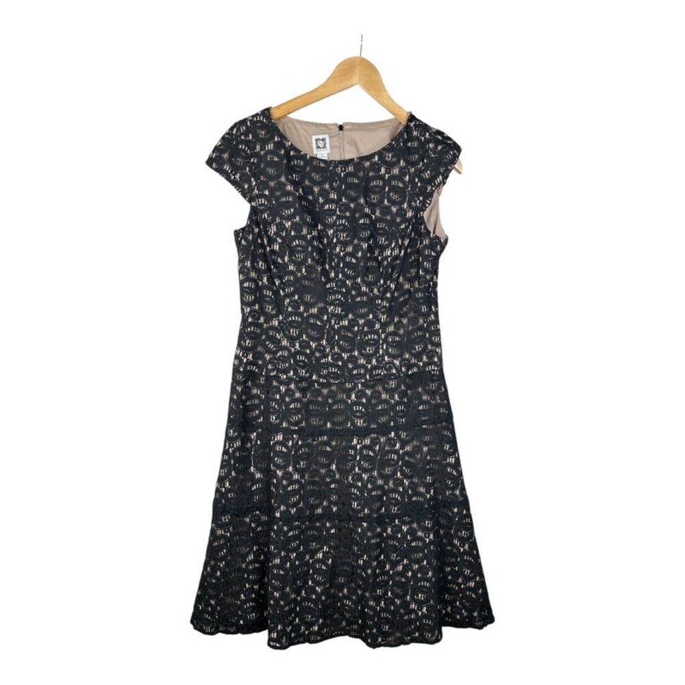 Anne Klein Dress Womens 10 Black Lace Nude Lining Cap Sleeve A-Line Party